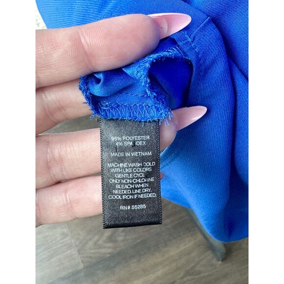 Express Bright Blue Satin Zipper V-Neck Short Sleeve Blouse Size Medium - Picture 6 of 6